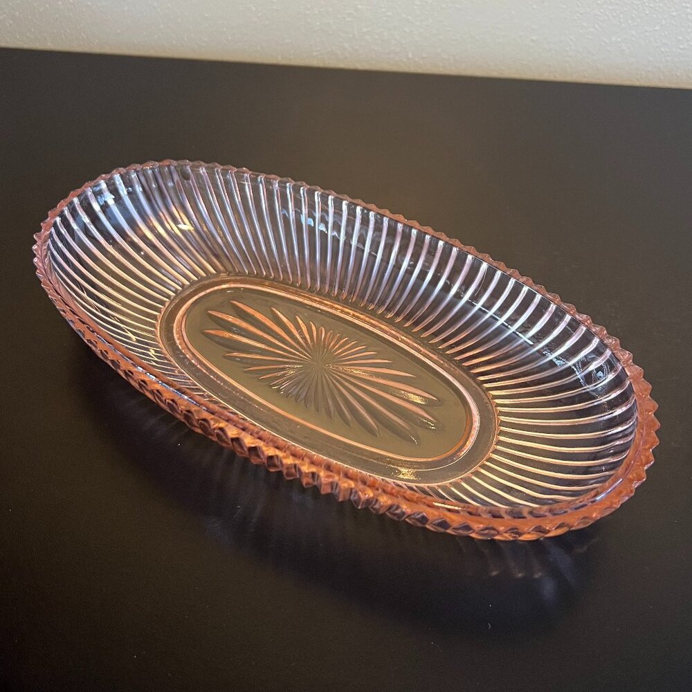 Vintage Anchor Hocking QUEEN MARY Pink Depression Glass Long Oval Serving Dish